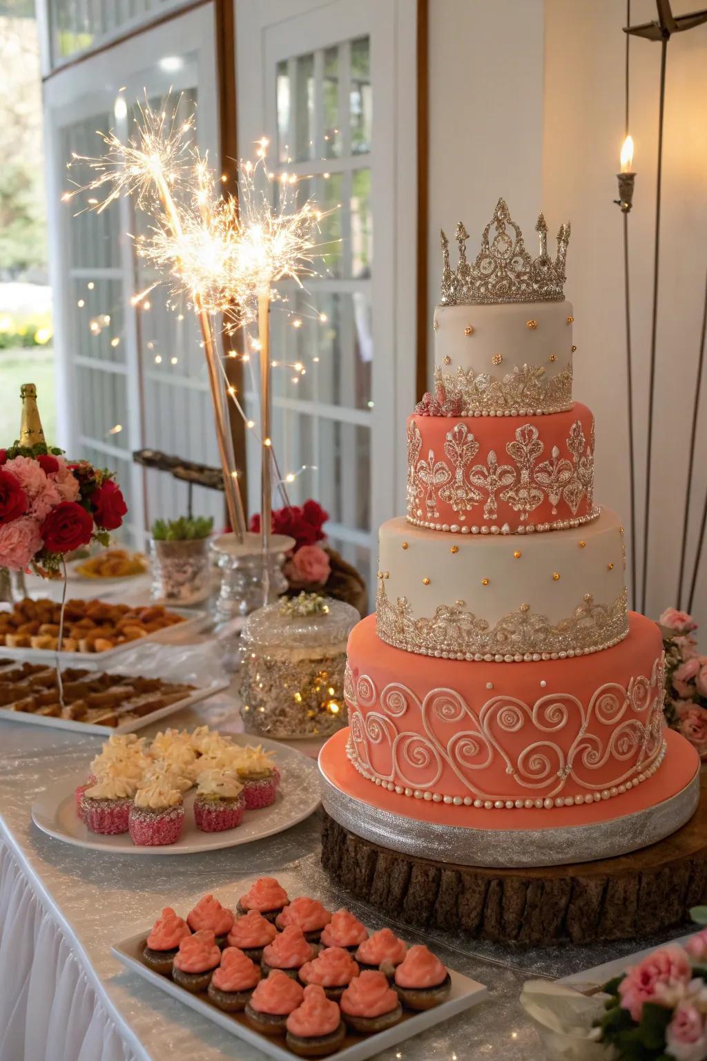 An intricate cake display serves as a sweet focal point.