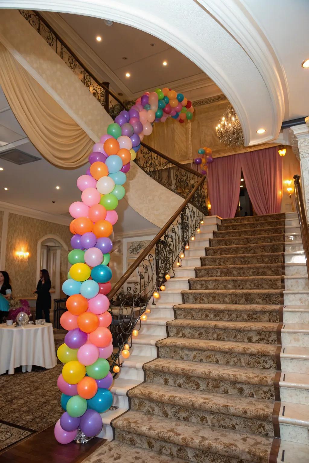 Balloon garlands render staircases magnetic and jubilant.