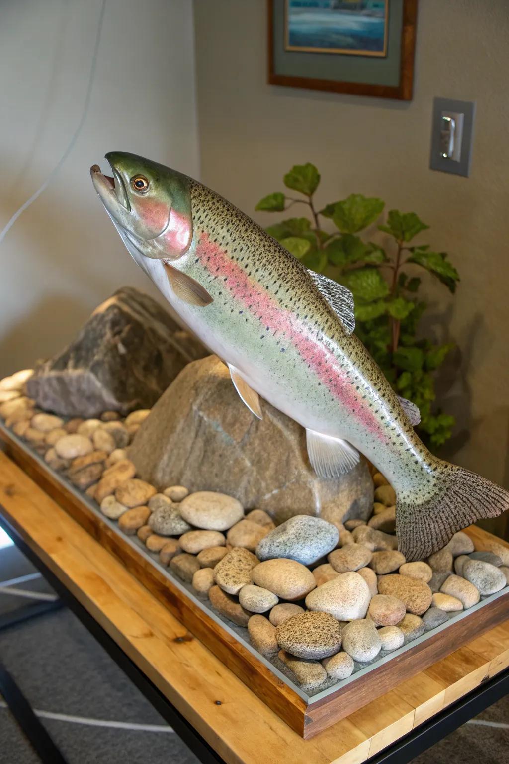 Natural rocks enhance the authenticity of the rainbow trout mount, grounding it in its natural environment.