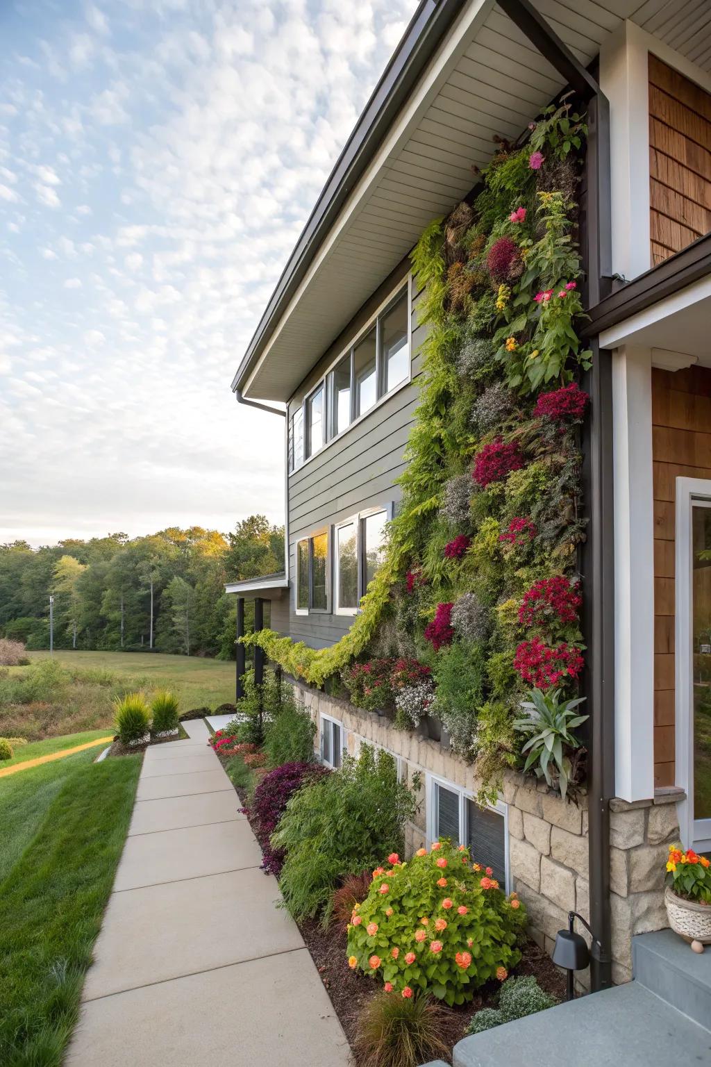 A vibrant vertical garden infusing greenery into the exterior of a raised ranch.
