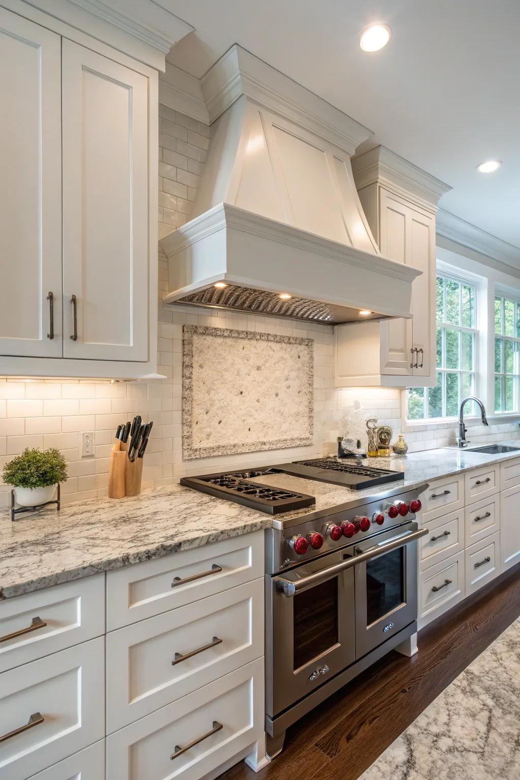 Kitchen showcasing a continuous backsplash flowing over the vent hood for a cohesive design.