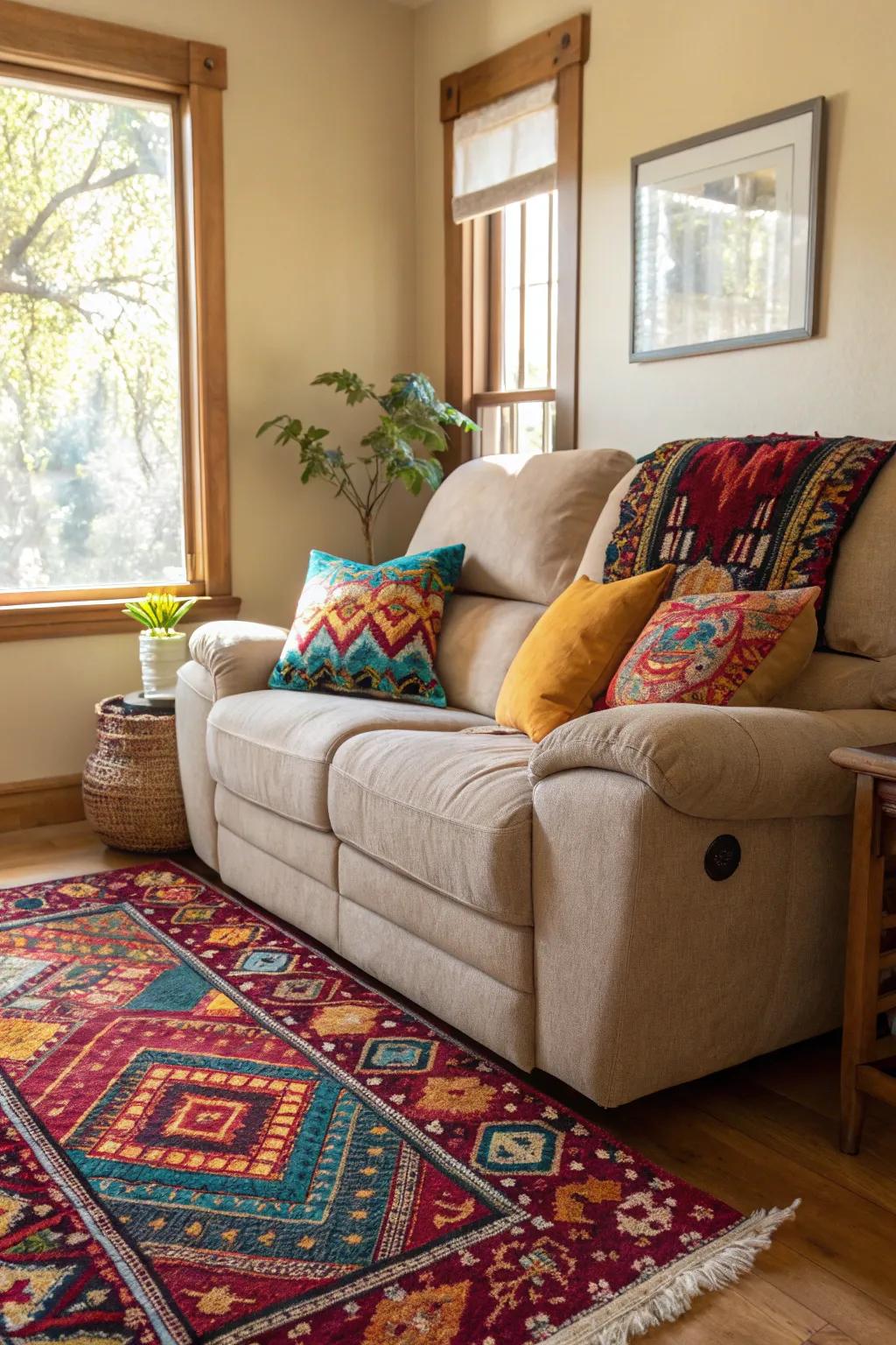 A lively family room with vibrant accents complementing the reclining sofa.