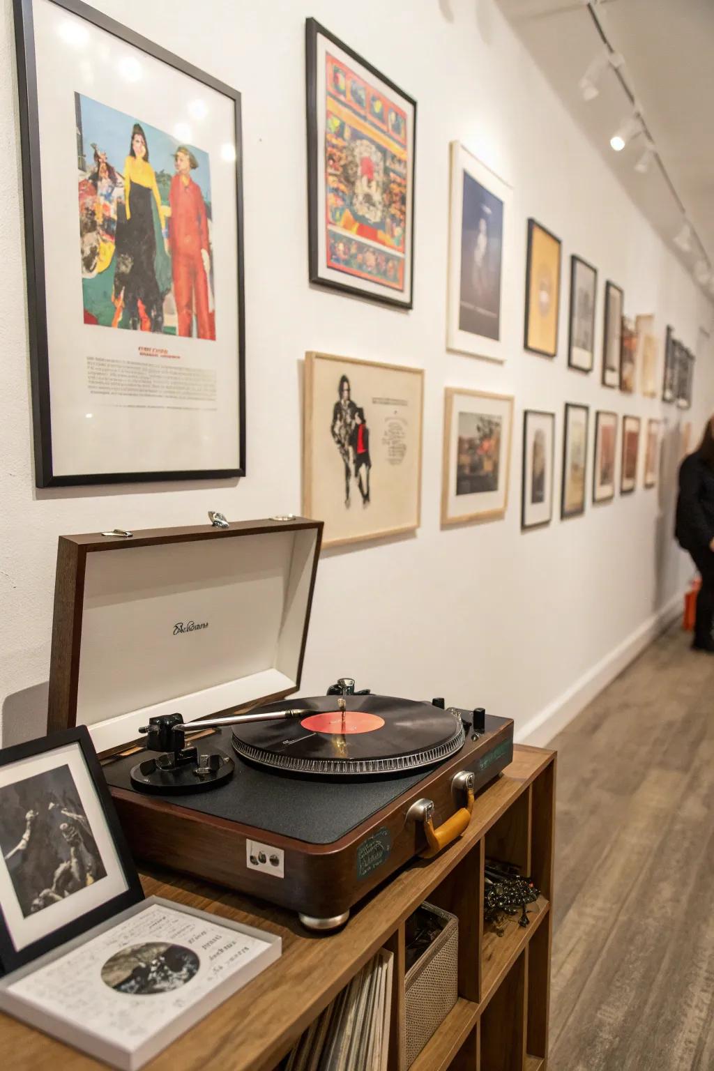An artistic gallery wall encompassing a record player configuration.