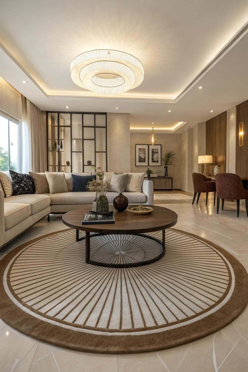 Circular elements soften the room's geometry.
