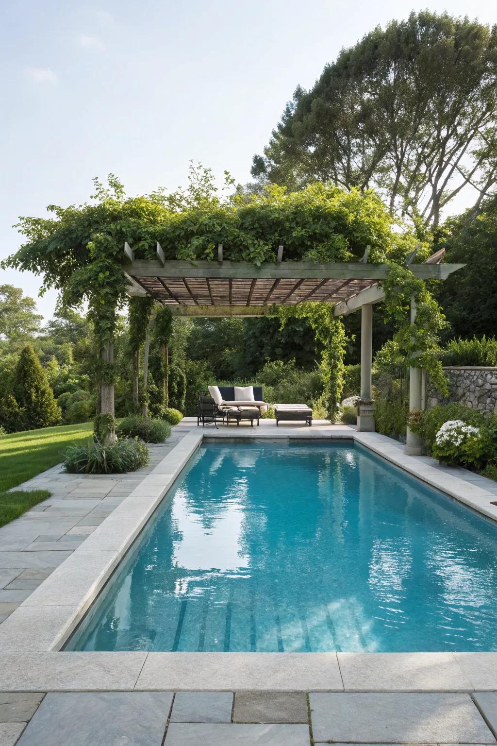 A veranda furnishes a fashionable shaded retreat by the pool.