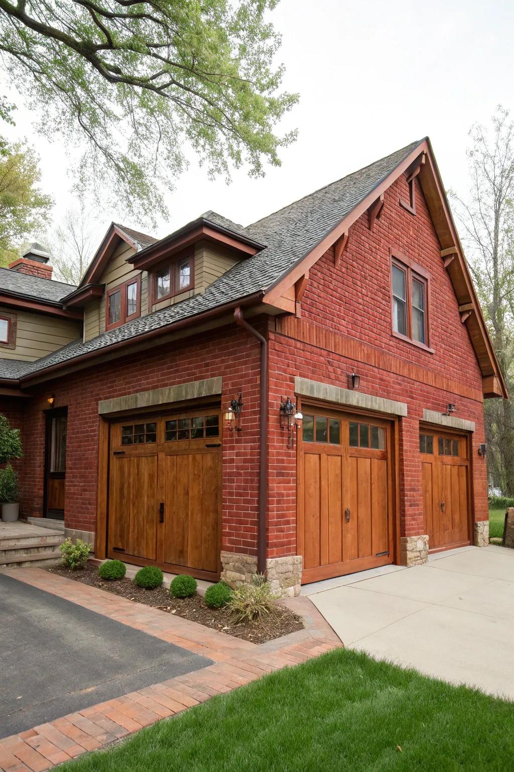 Timber accents introduce warmth to this red brick house.