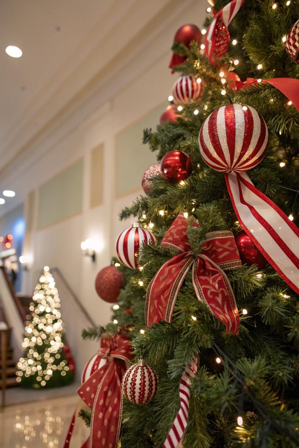 A fanciful candy cane-themed Christmas tree.