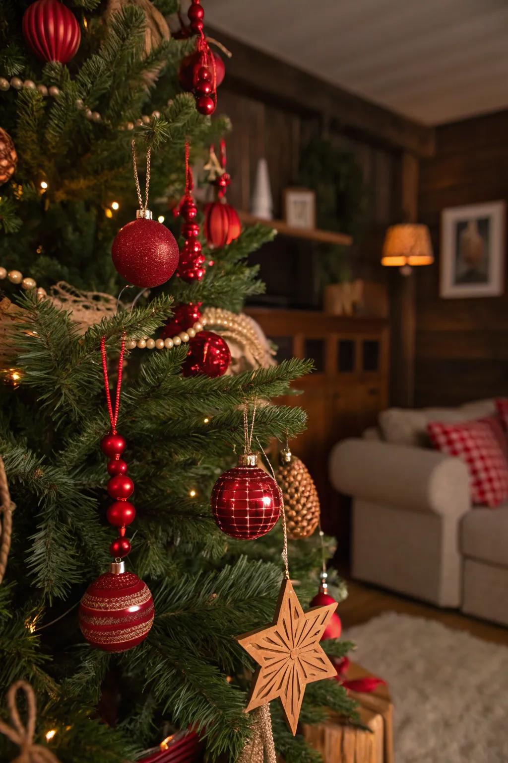 Nature-inspired Christmas tree showcasing scarlet timber highlights