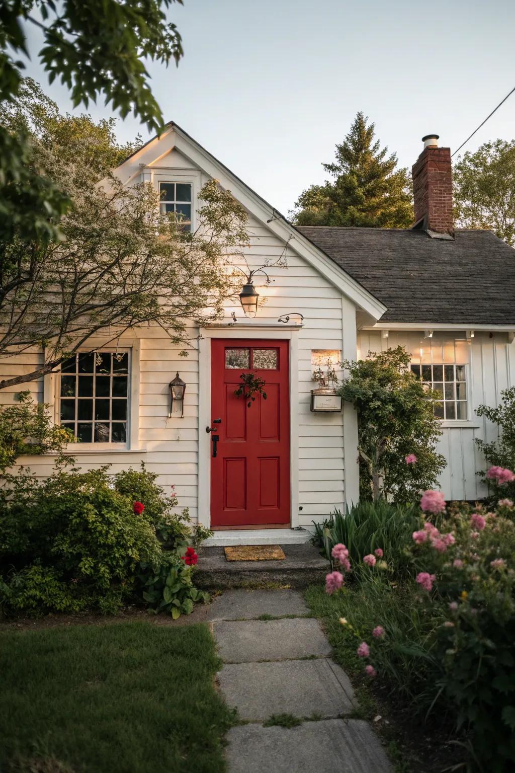 Charming cottage with a red entrance and vintage accents.