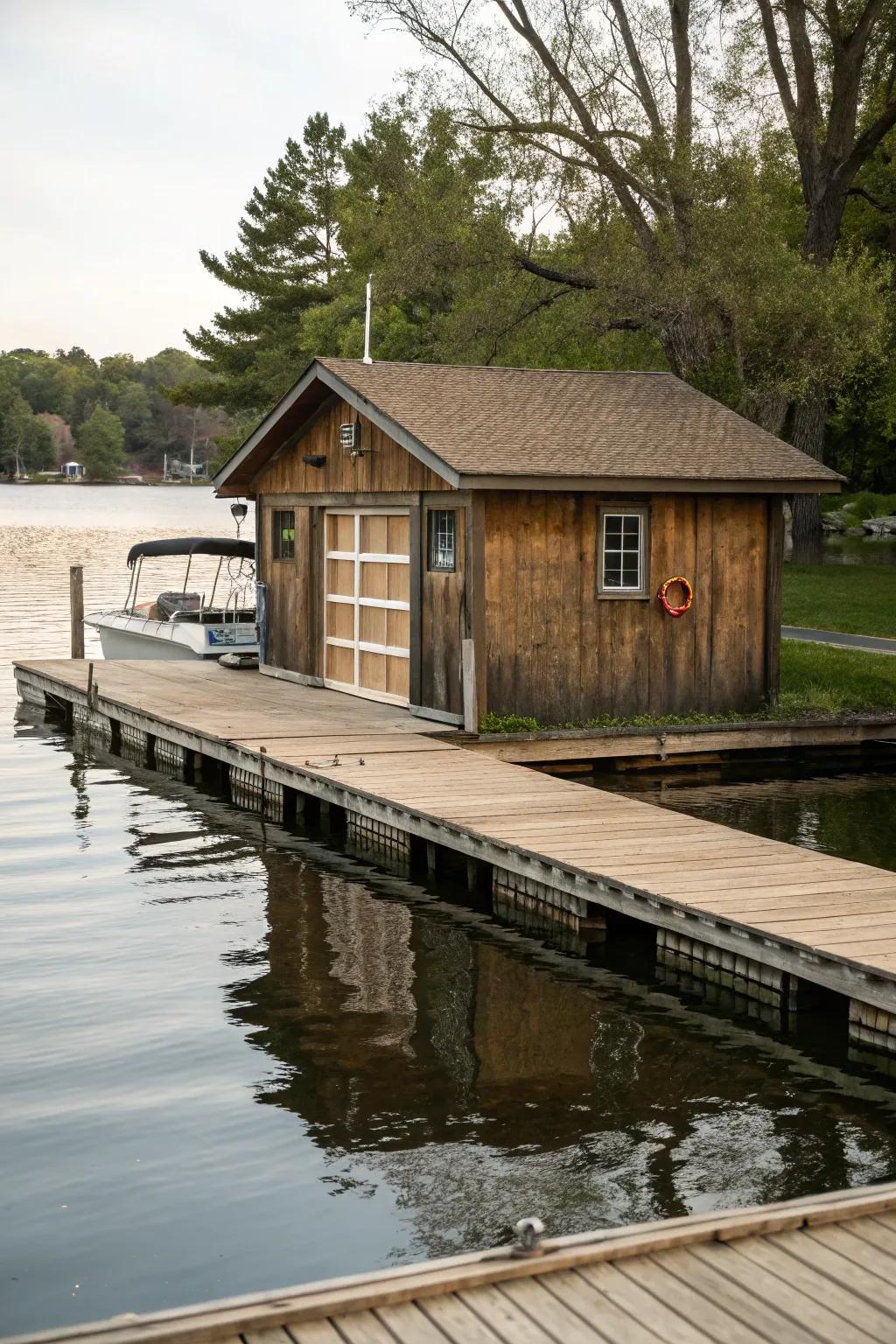 A dock and boathouse arrangement for both storage and leisure.