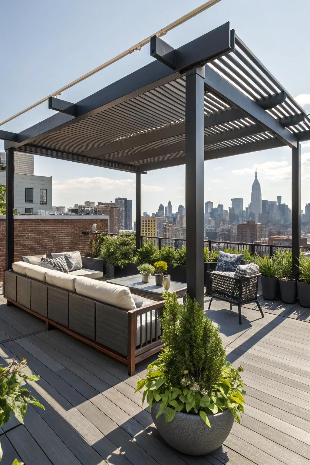 Enhance your rooftop deck with an elegant pergola, offering both shade and structural enhancement.