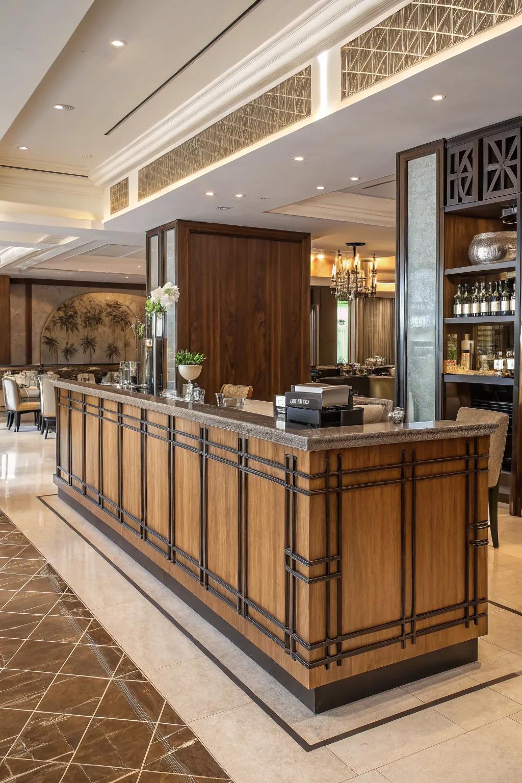 An amalgamation of aesthetics cultivates a versatile and enduring reception desk.