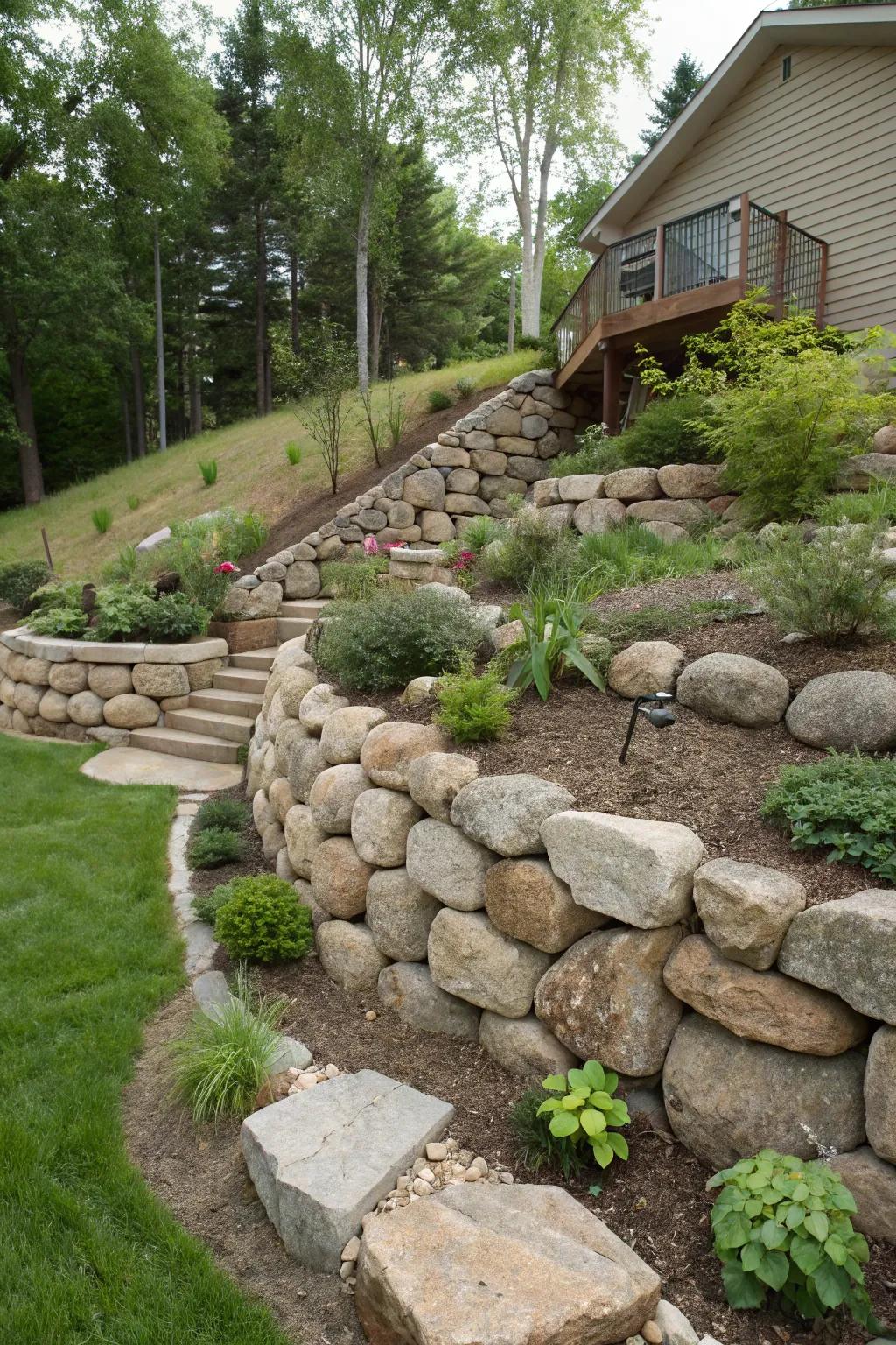 Retaining walls are transformed into artistic expressions by rock patterns.