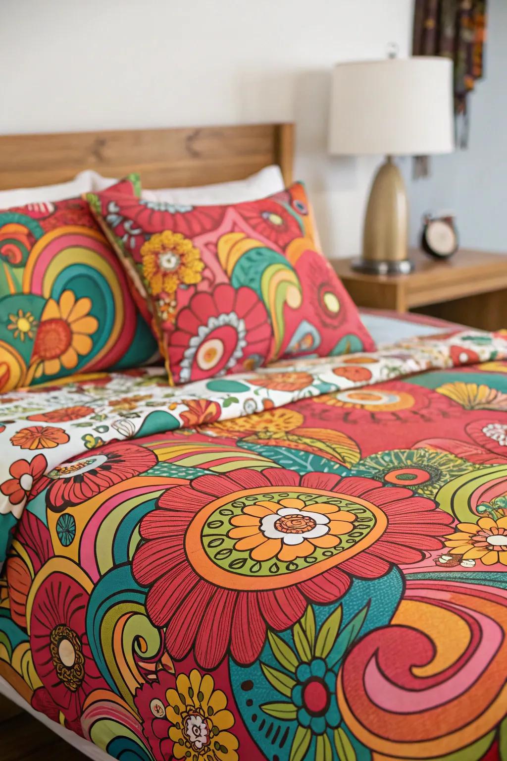 Intense bed linens bring psychedelic charm.
