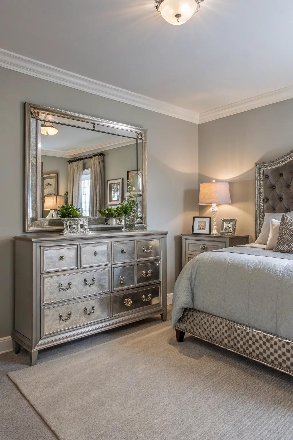 Mirrored accents enhance light and elegance in a Willow Gray bedroom.