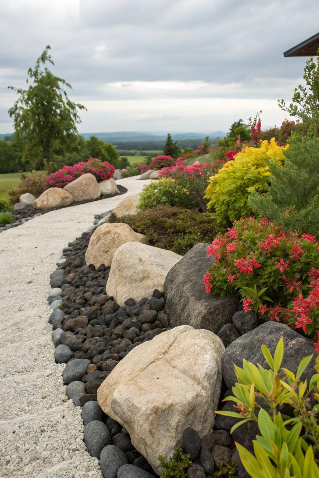 Hue divergences between stones and flora create a daring declaration.