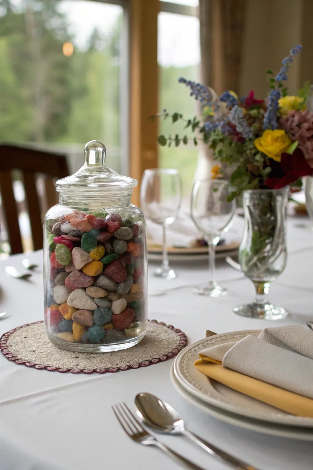 A glass jar filled with rocks as an elegant centerpiece