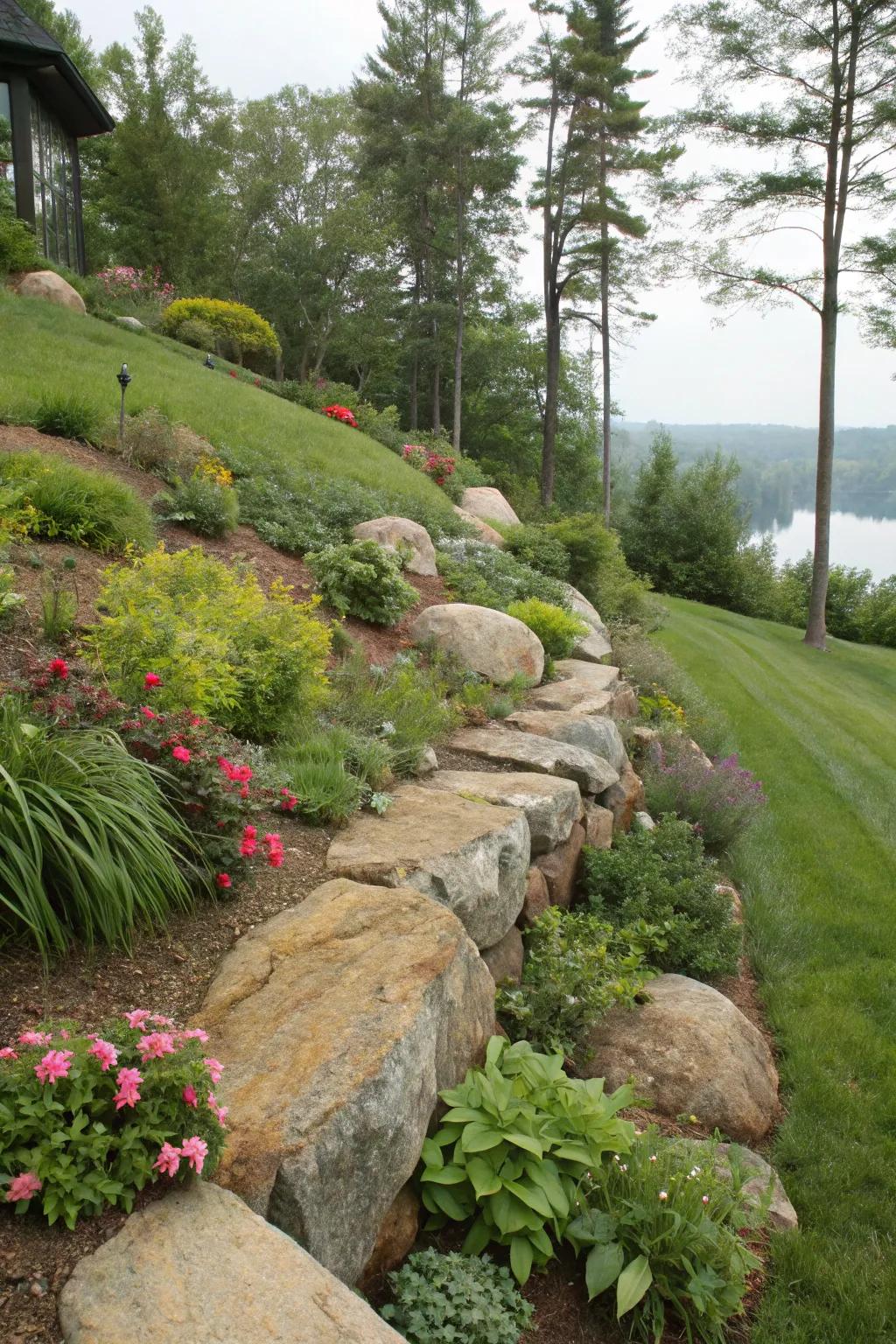 Hefty stones skillfully mobilized for erosion mitigation on a garden's gradient.
