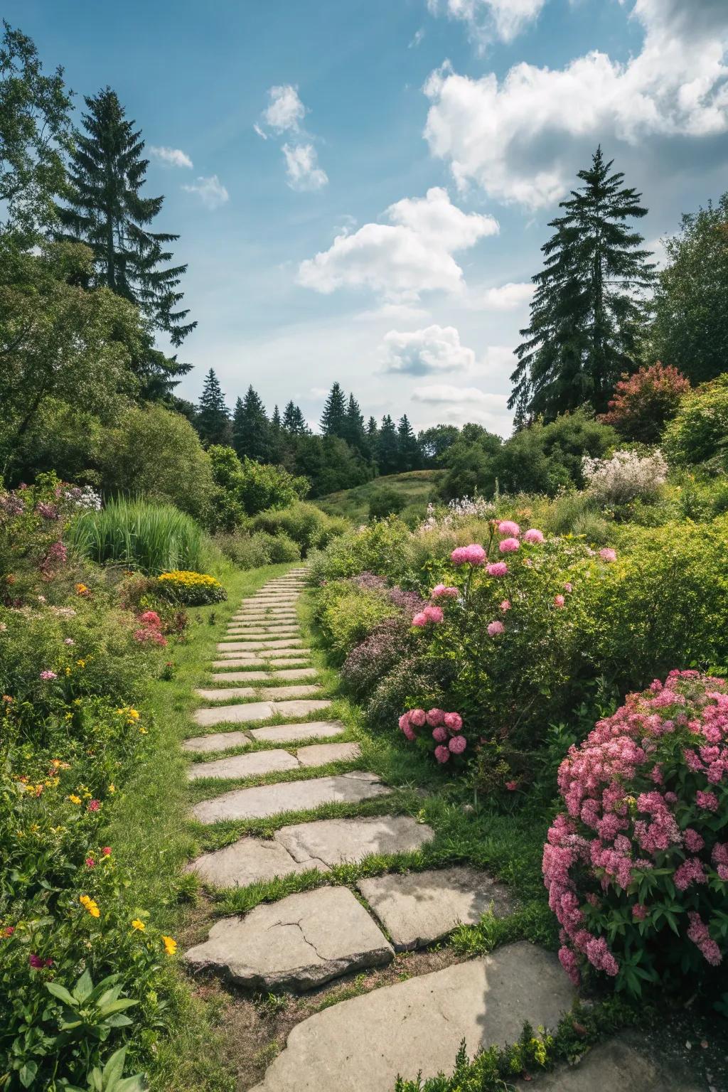 A captivating walkway stone path directing through a lush garden space.
