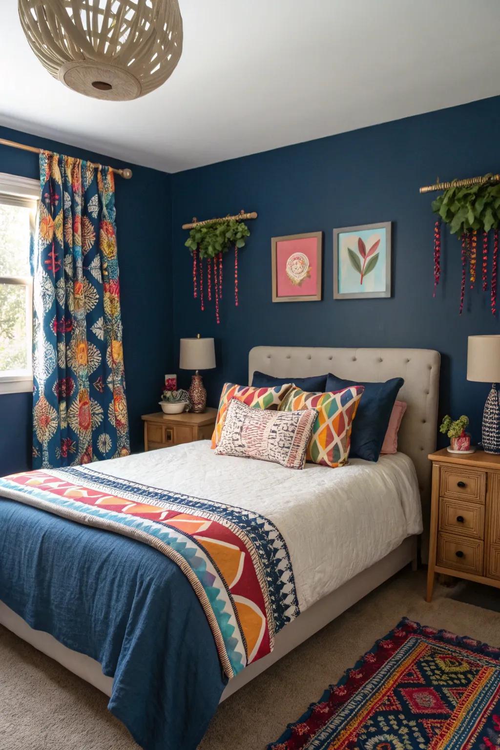 Vivid accents impart a spirited impression against the serene indigo setting.