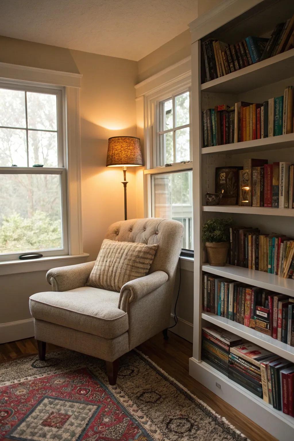 A serene reading nook transforms idle space into a personalized escape.
