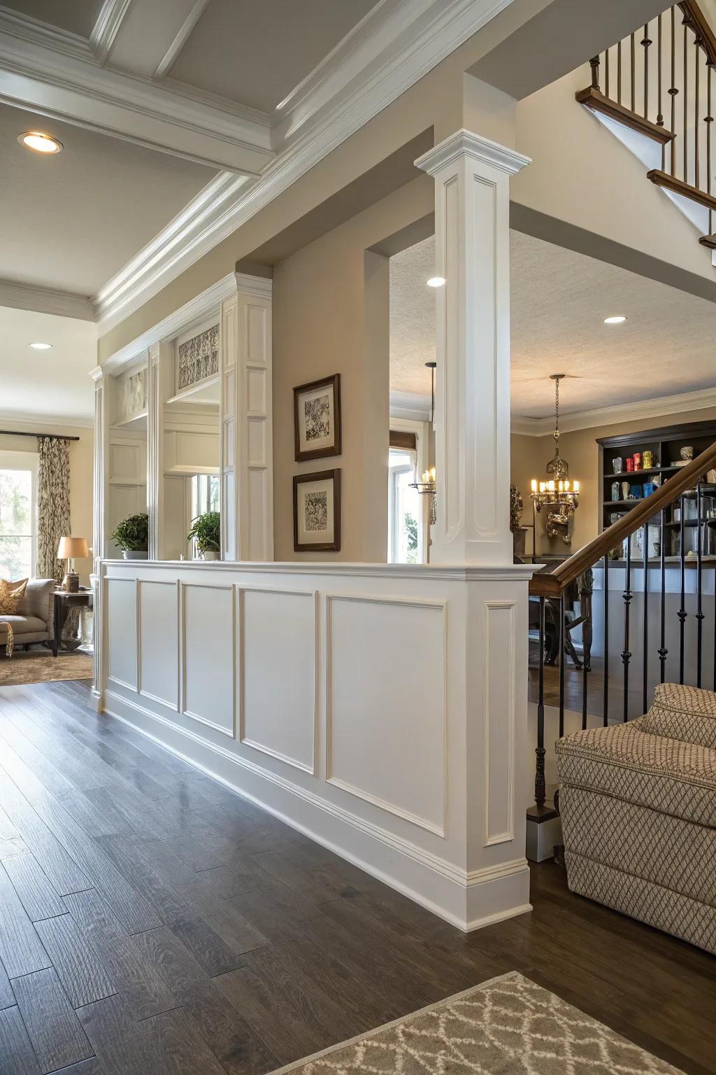 An interior showcasing a partition wall with varying elevations, enhancing visual dimension.