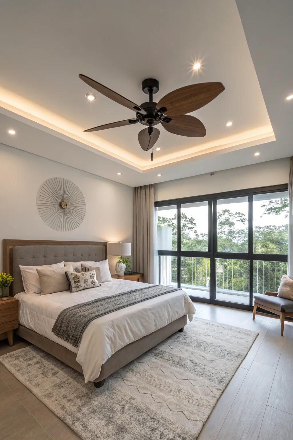 Benefit from a dual-purpose design with a ceiling fan and LED lights, seamlessly merging utility with refined aesthetics.