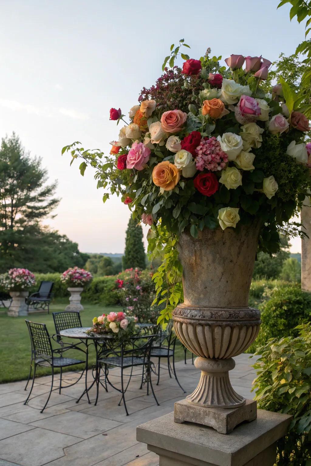 Garden occasion grandeur through a grand vase of assorted roses.