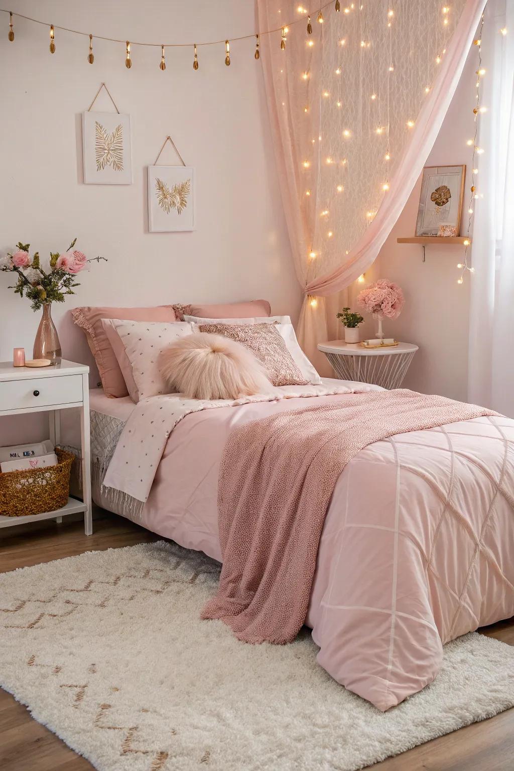 Pastel pinks and rose gold intertwine, creating a dreamlike sanctuary.
