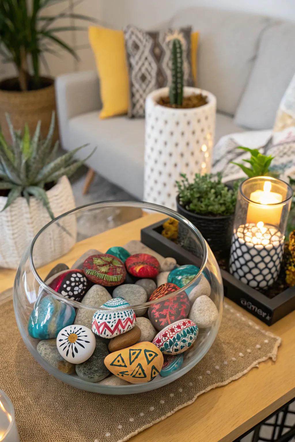 Painted stones in a glass vessel yield a vibrant and artistic presentation.