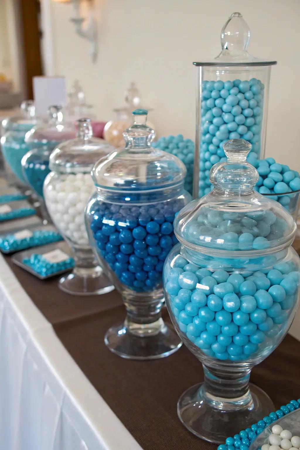 A variety of clear vessels fashioning a breathtaking sweets display.