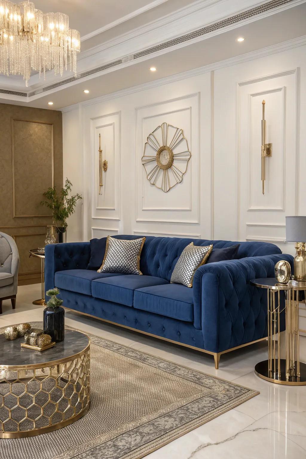 Metallic touches introduce a contemporary edge to the sapphire settee's classic allure.