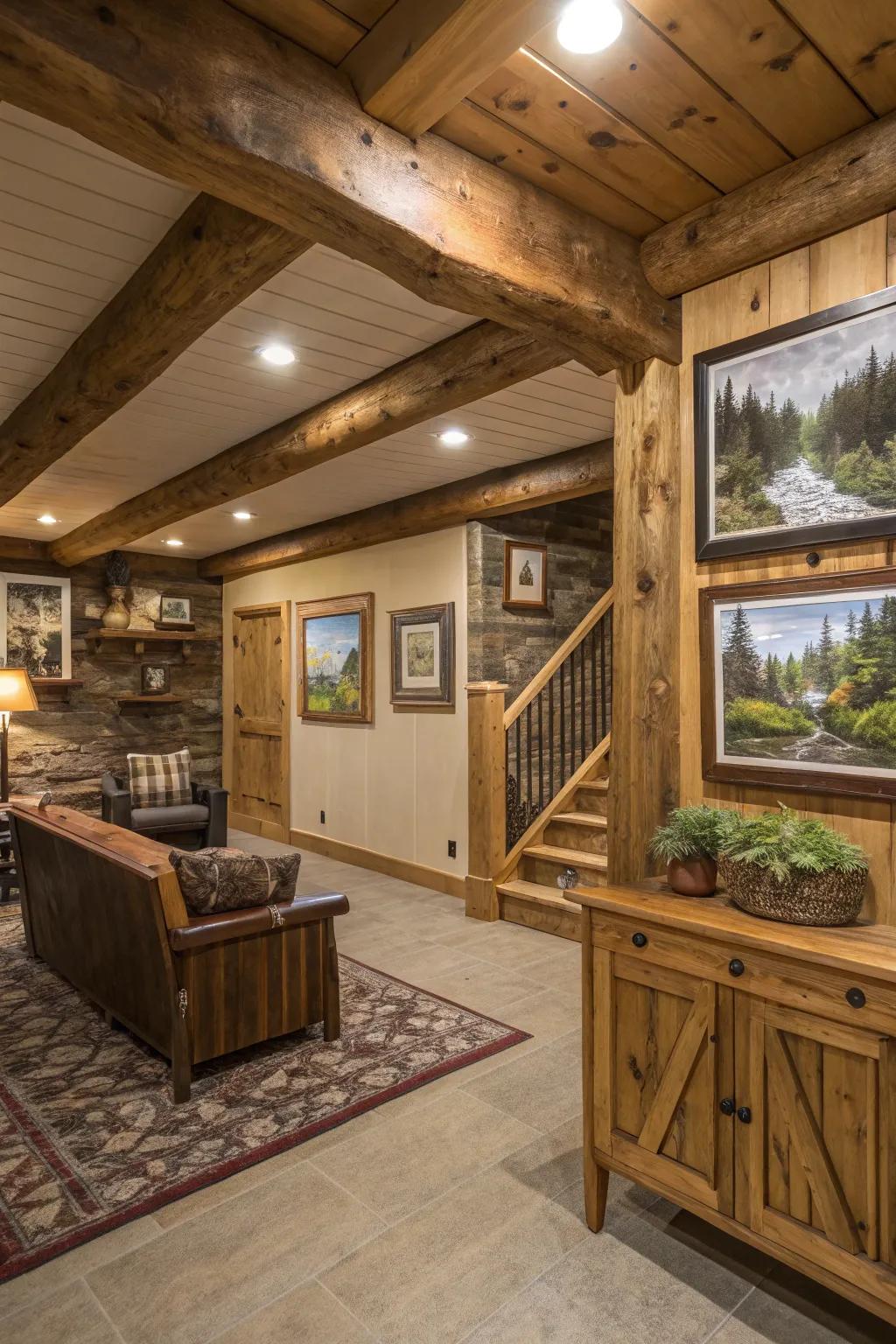 Wall art gives character to your homespun basement.