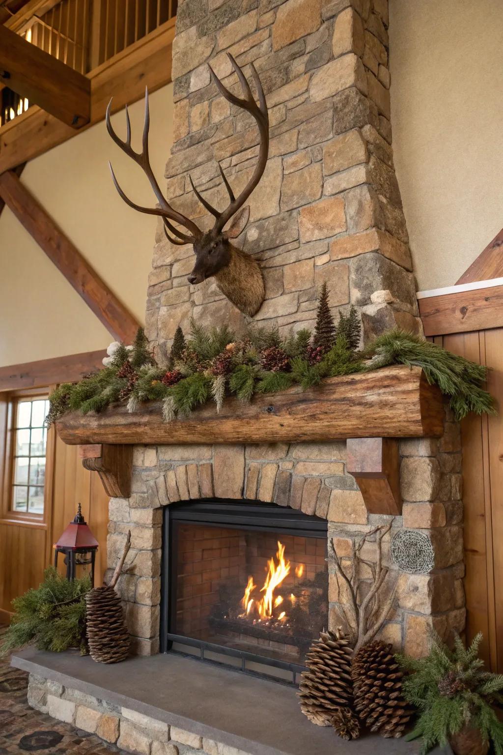 A hearth adorned with ornamental antlers for a country touch.