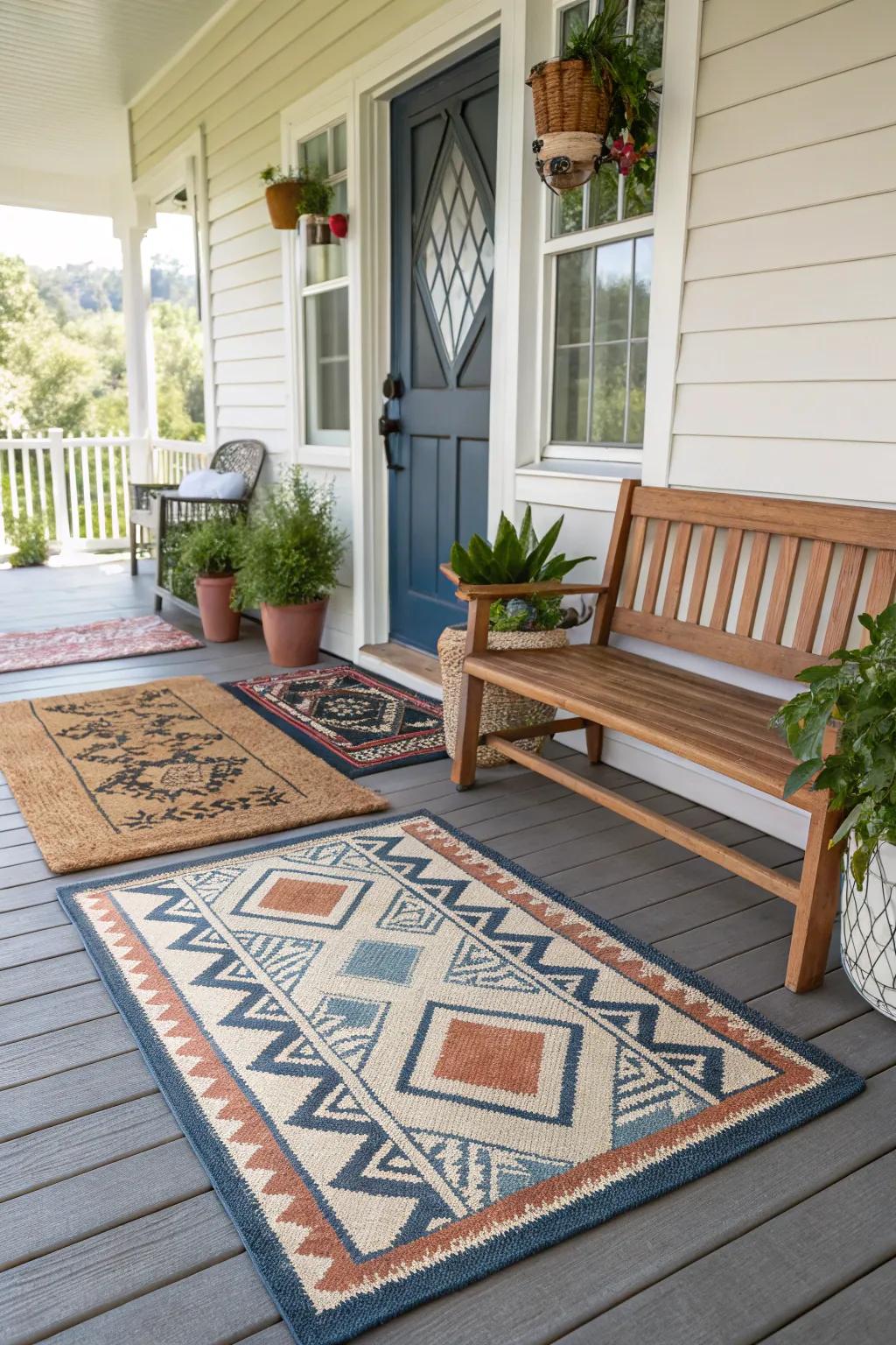 Outdoor carpets and welcome mats add warmth and texture to a rustic veranda.