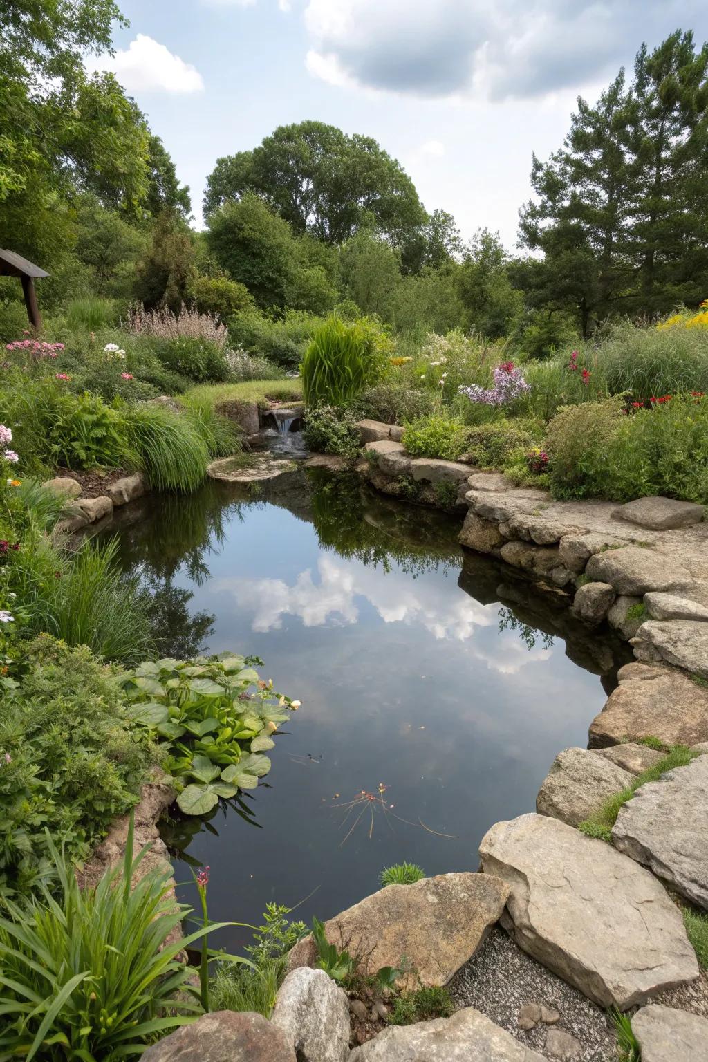 A tranquil water reservoir enhancing the naturalistic garden atmosphere.