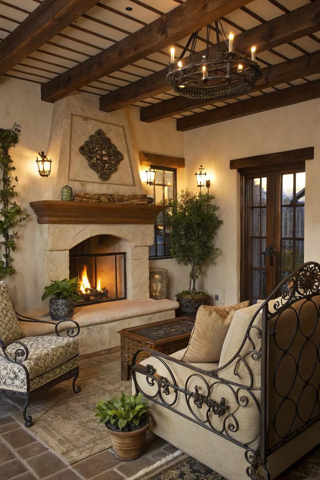 Wrought iron infuses rustic elegance and contrast into living room environments.