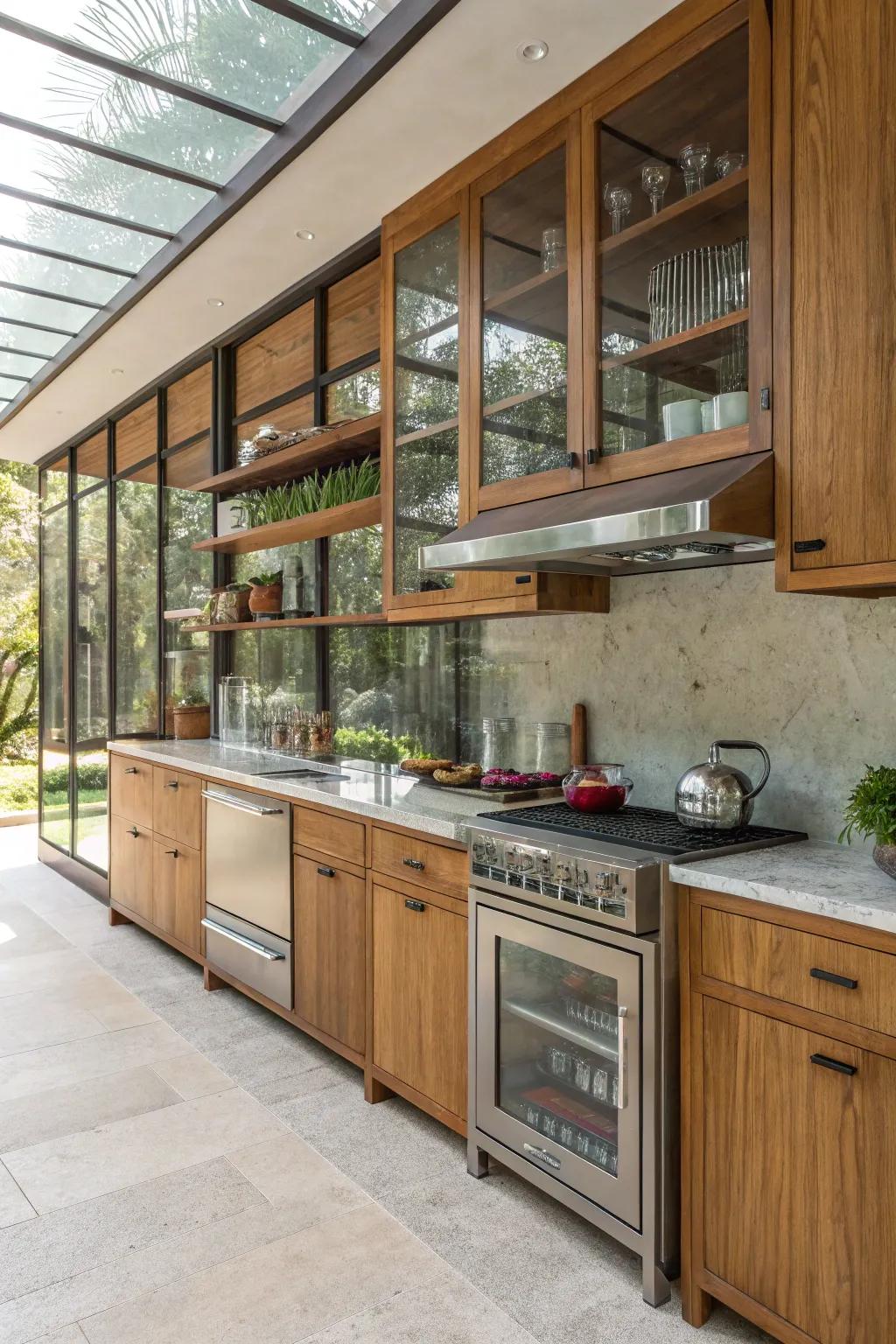 Assorted materials bring visual concord to this countryside kitchen.