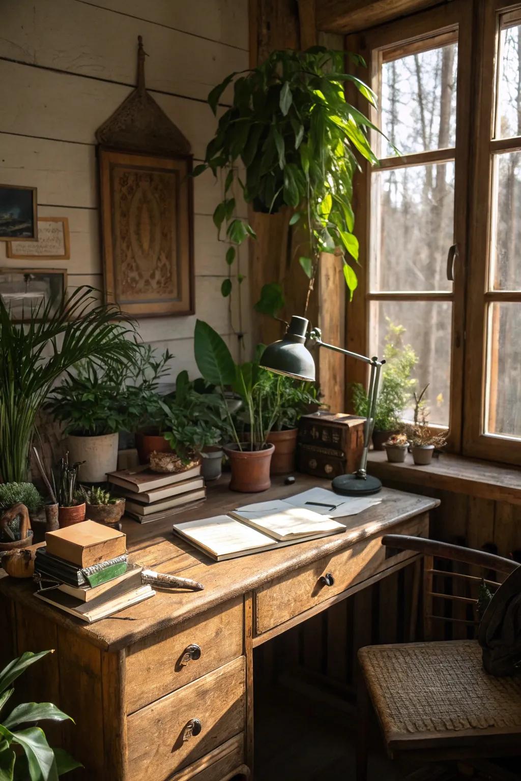 Plant life brings life and freshness to a country-style office.
