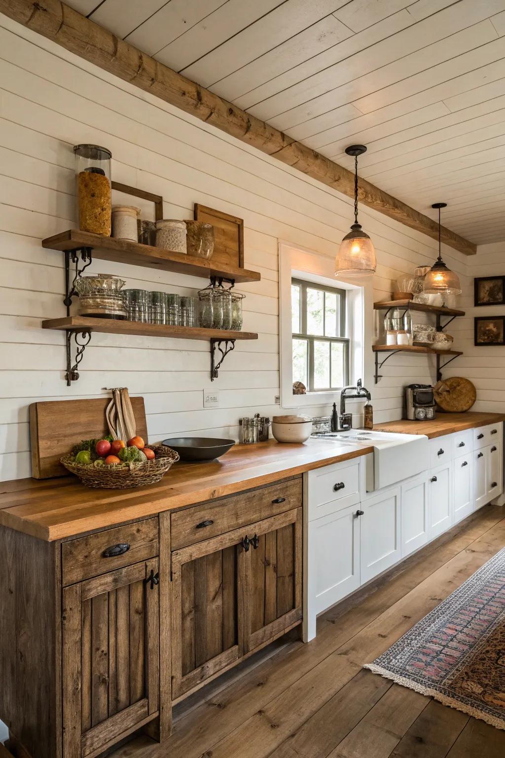 Overlapping plank walls create a cozy, textured backdrop in a countryside kitchen.
