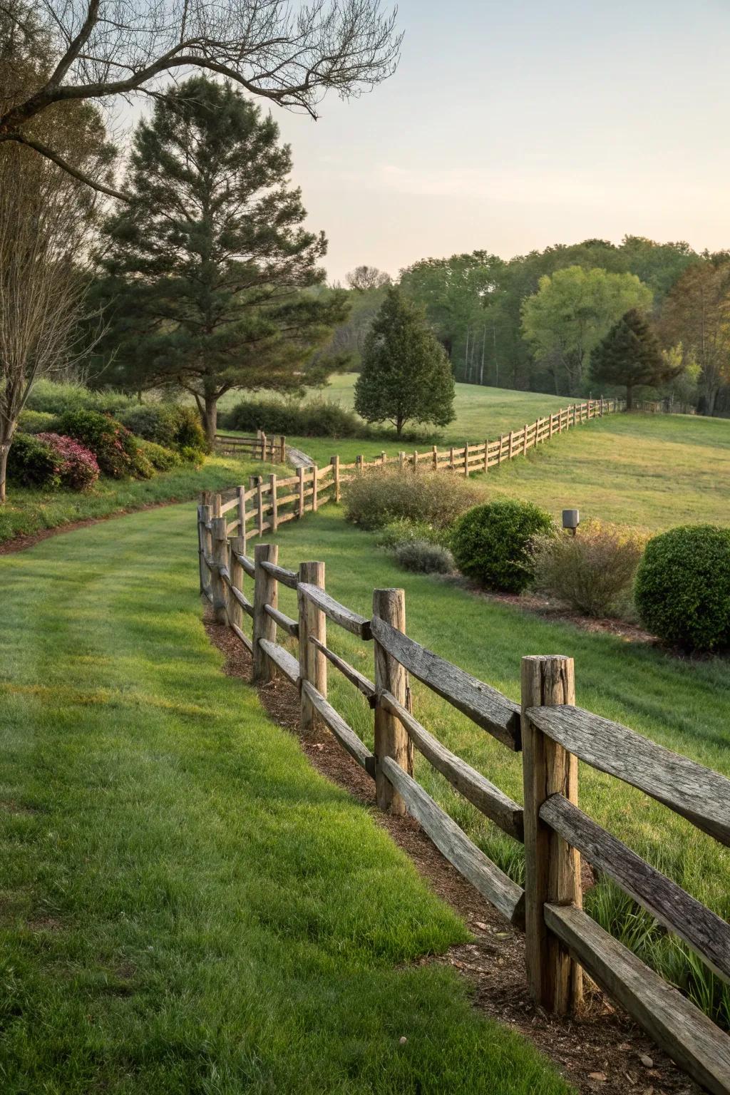 A split rail fence with shifting statures includes visual intrigued to the landscape.