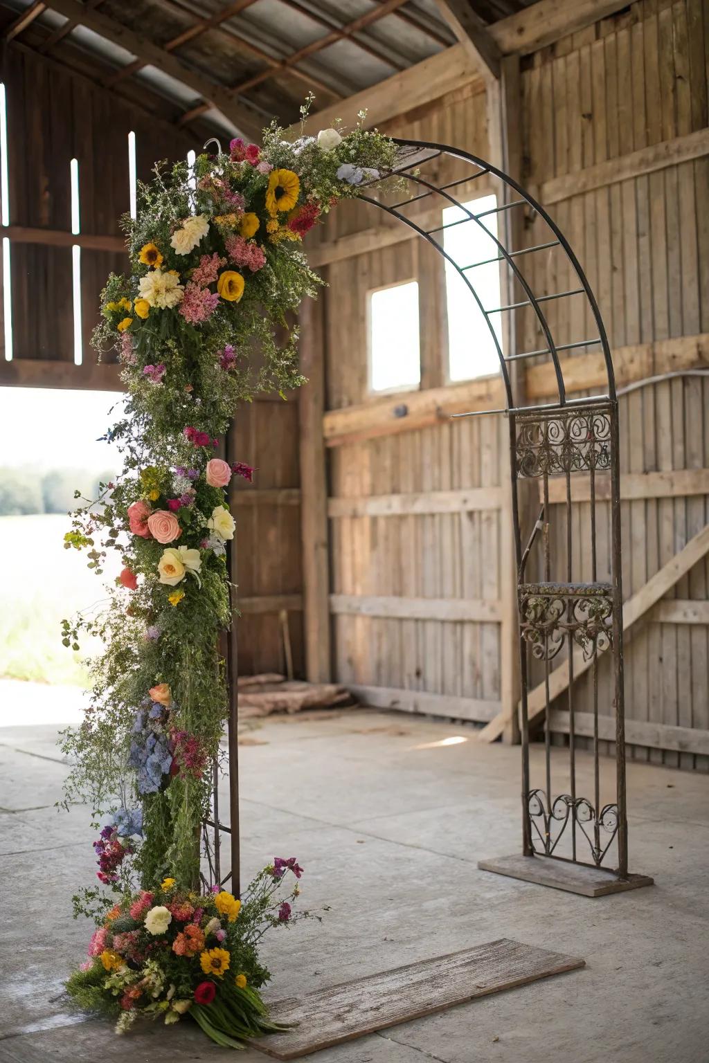 An industrial metallic arch softened by the untamed splendor of blossoms.