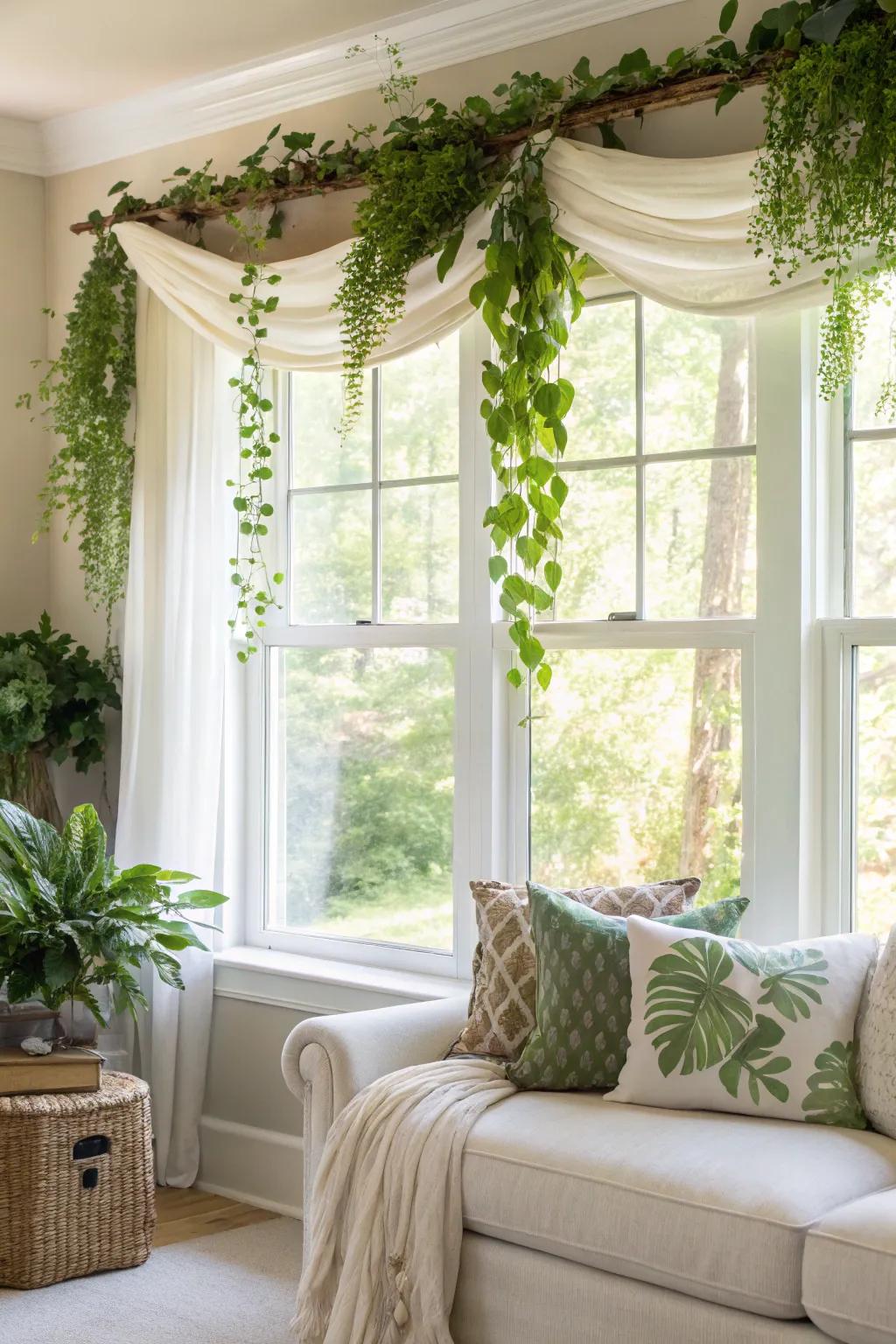 A nature-inspired living area with a valance adorned with verdure, cultivating a serene atmosphere.
