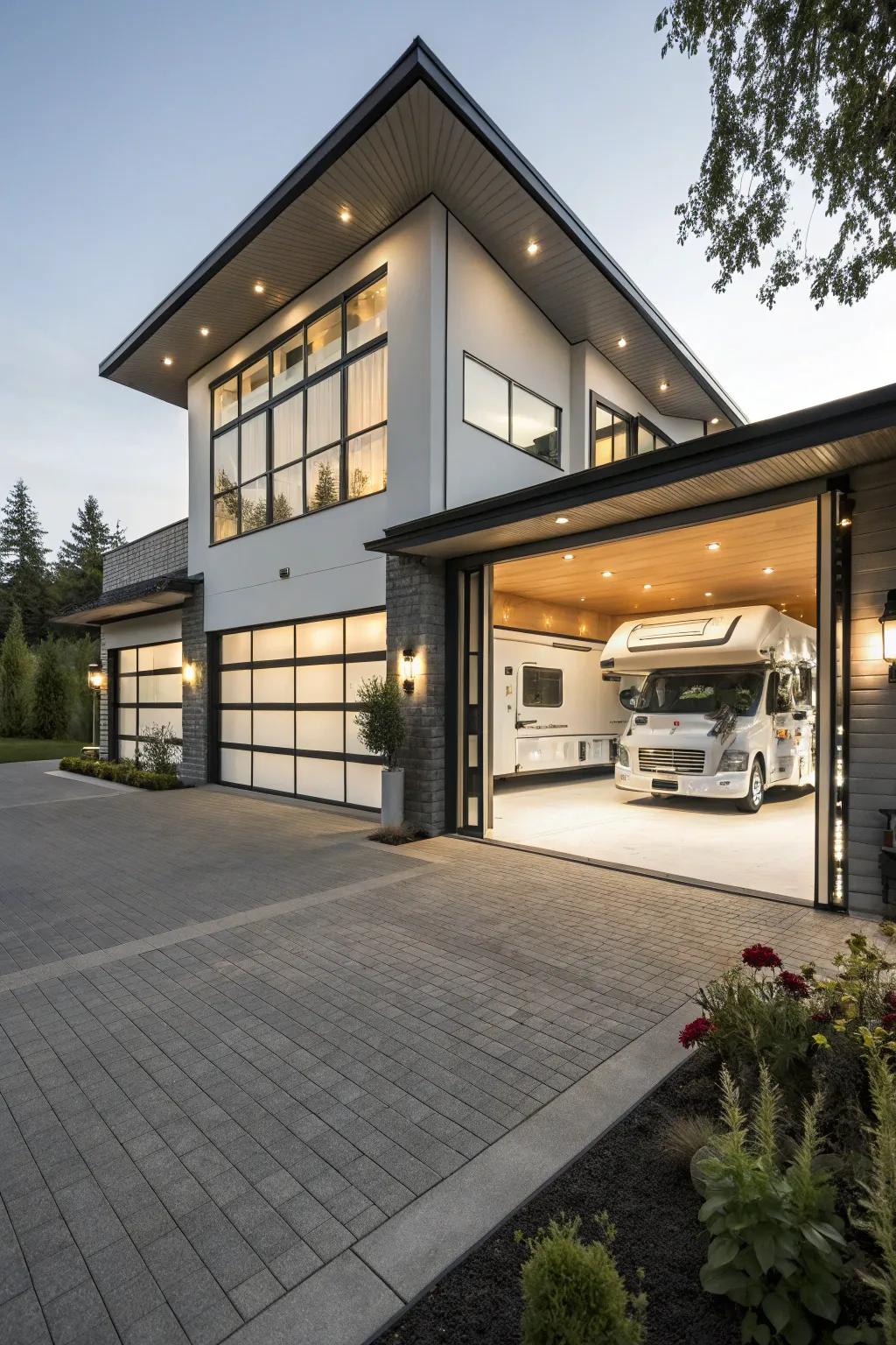A polished, modern RV garage design effortlessly matches the home's architecture.