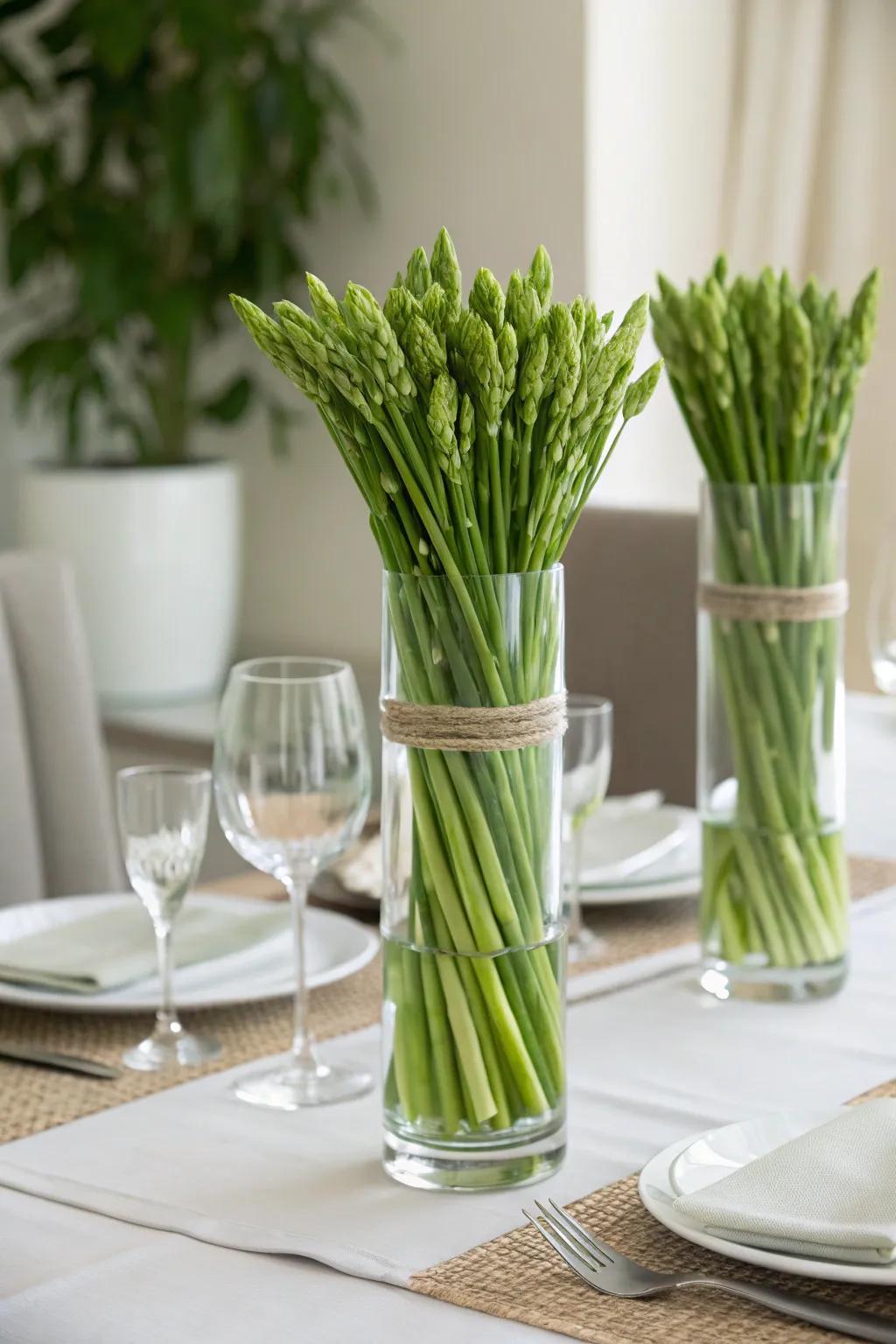 Verdant stems exquisitely showcased within clear glassware.