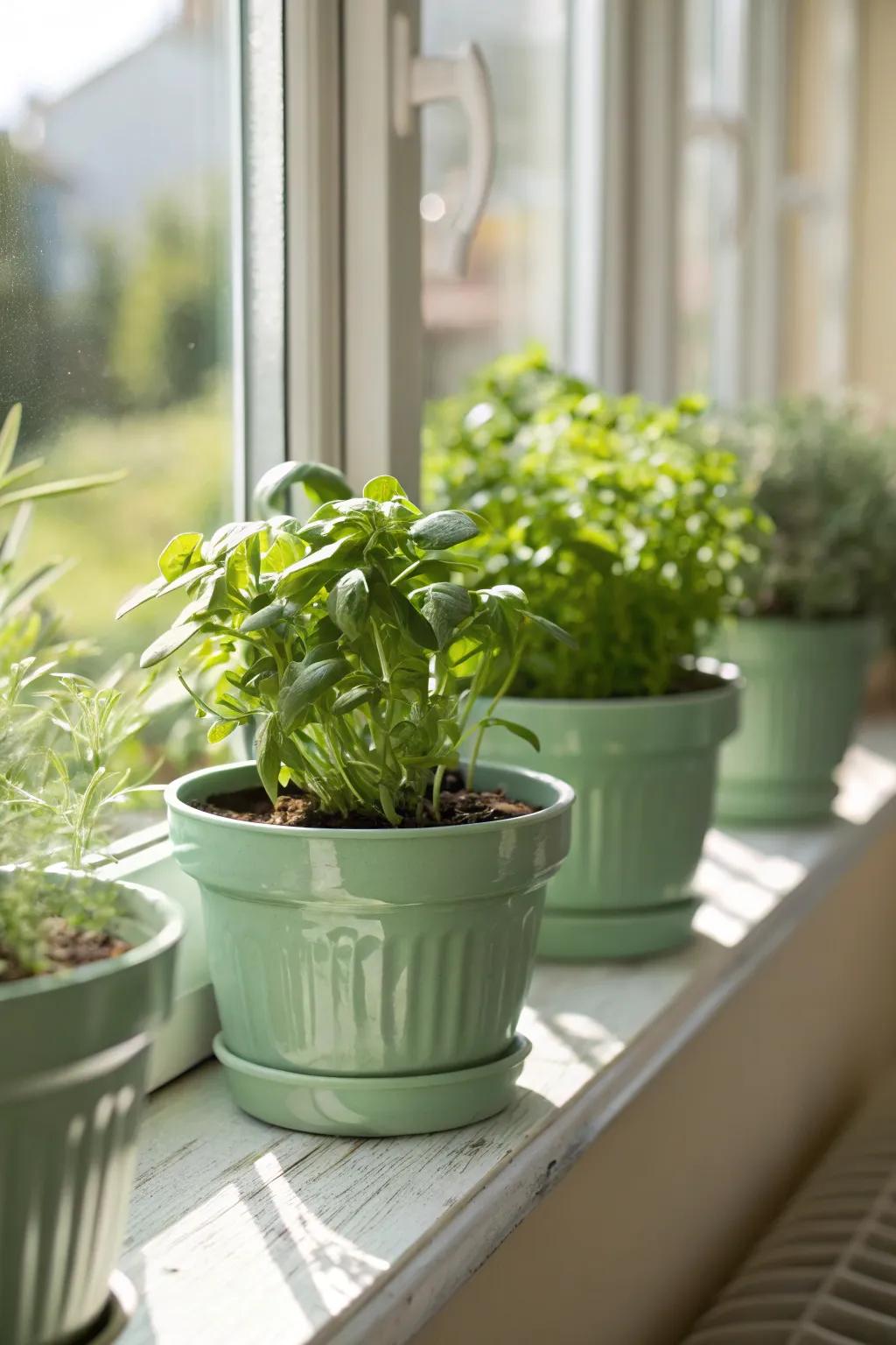 Sage green botanical vessels enrich the appeal of indoor vegetation.