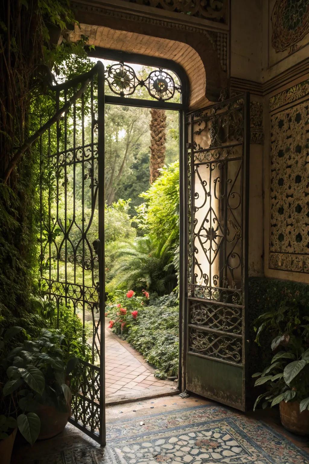 Intricate filigree imparts sophistication upon this secret garden door.