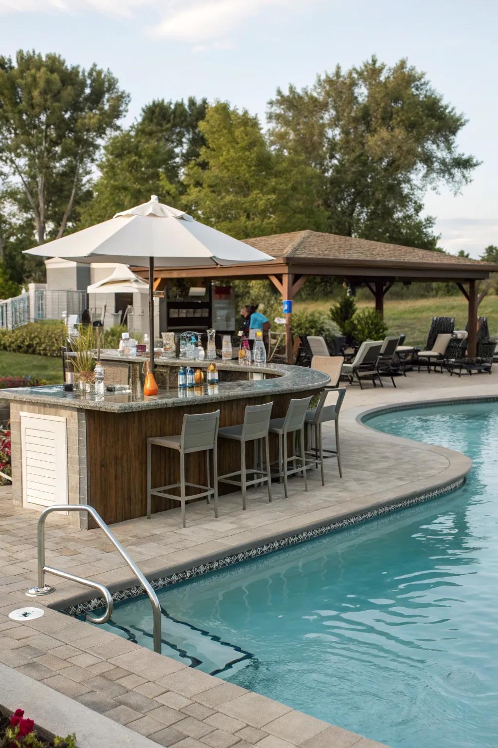 A partially submerged pool featuring a stylish water's edge counter for entertaining.