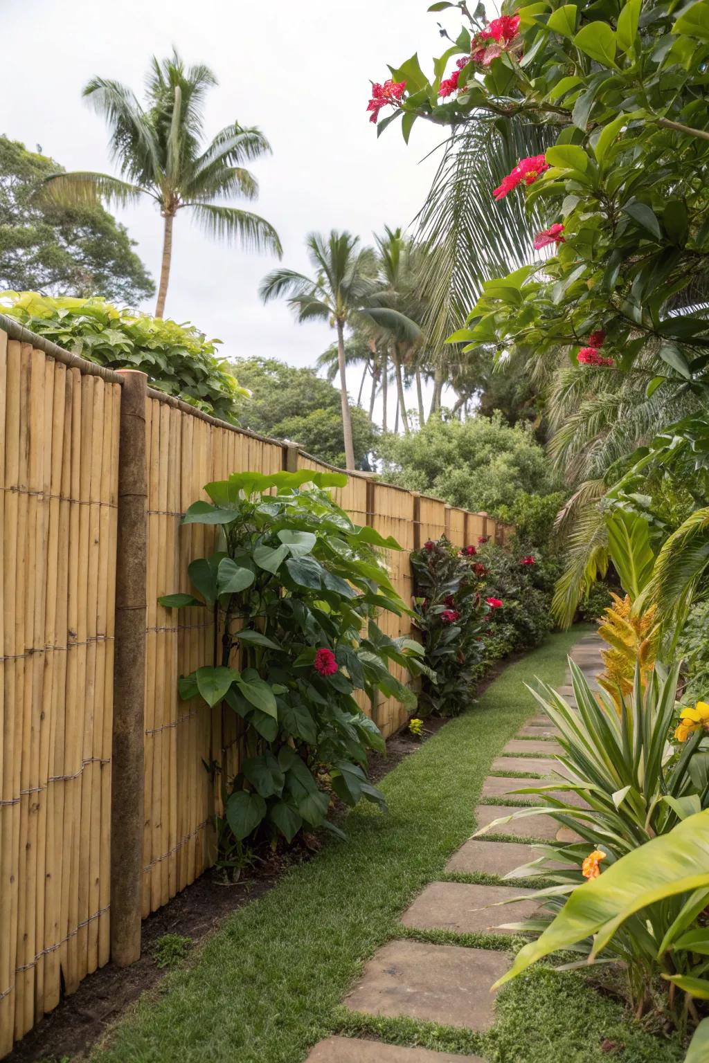 Bamboo panelling exudes an exotic charm, perfect for fashioning a tropical garden sanctuary.