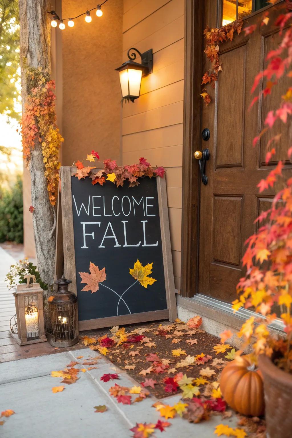 An inviting entry featuring a chalkboard sign stating 'Welcome Fall' enclosed by fall foliage.